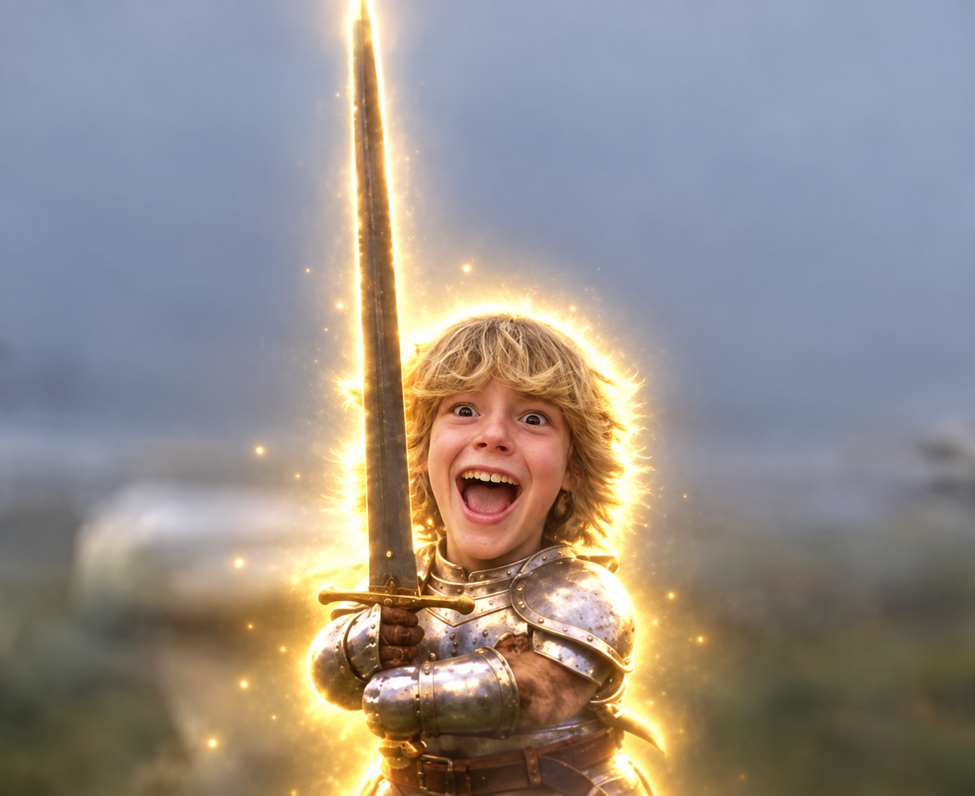 A smiling little knight in silver armor holding an enormous glowing golden sword